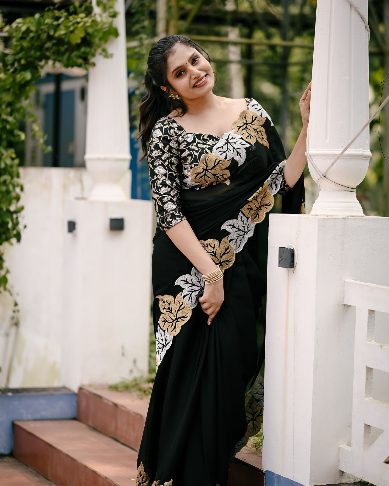 Black Soft Satin Chiffon Saree