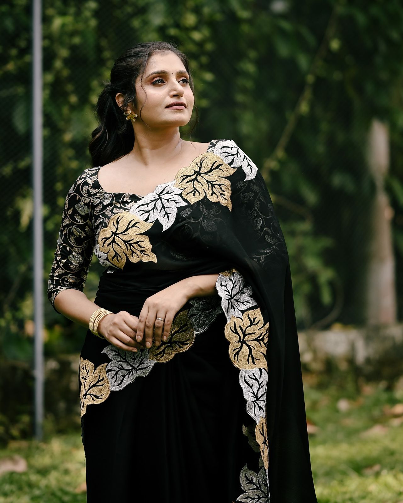 Black Soft Satin Chiffon Saree