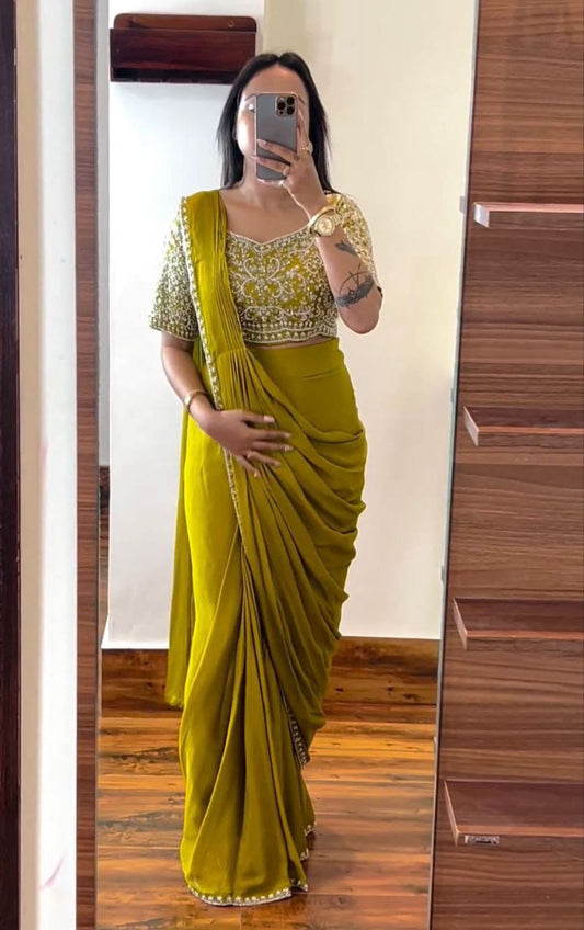 Mehendi-Green Heavy Chinon Saree