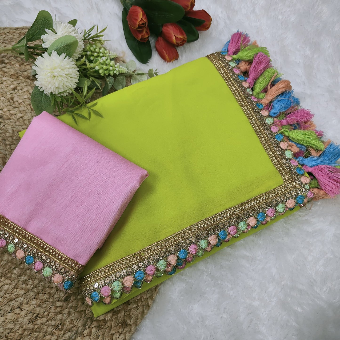 Parrot-Green Soft Georgette Saree