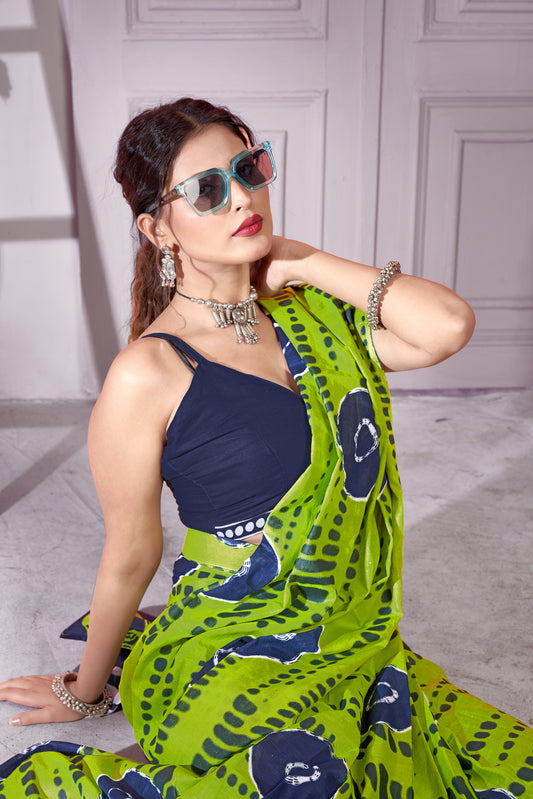 Green-Blue Cotton Mul Printed Saree