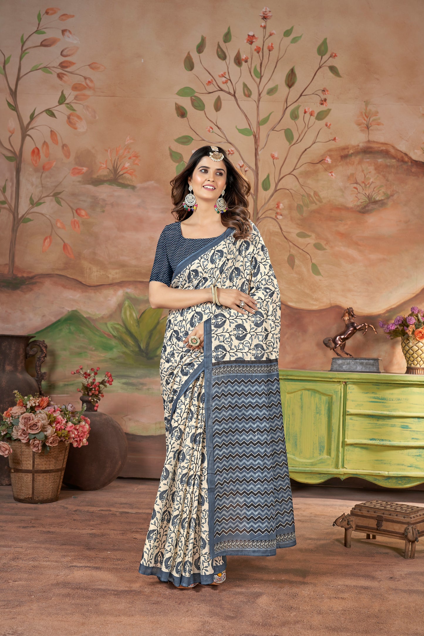 White-Blue Cotton Mul Printed Saree