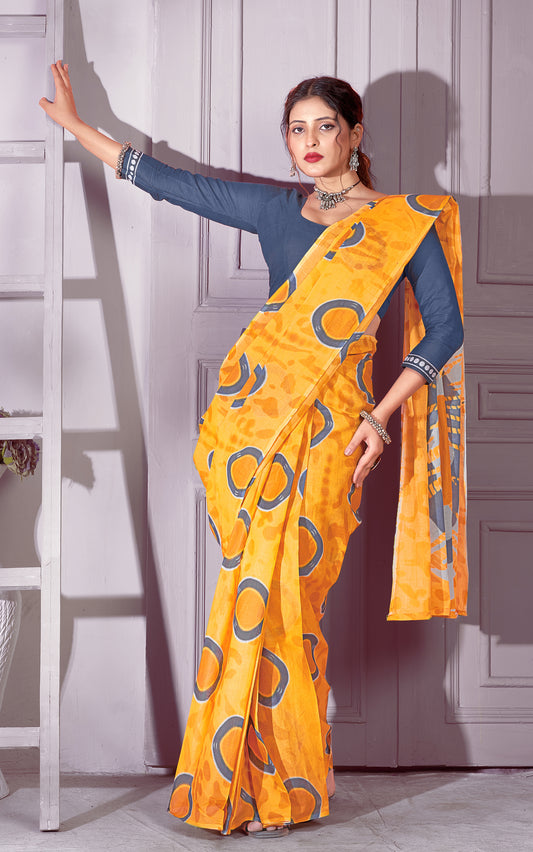 Yellow Cotton Mul Printed Saree