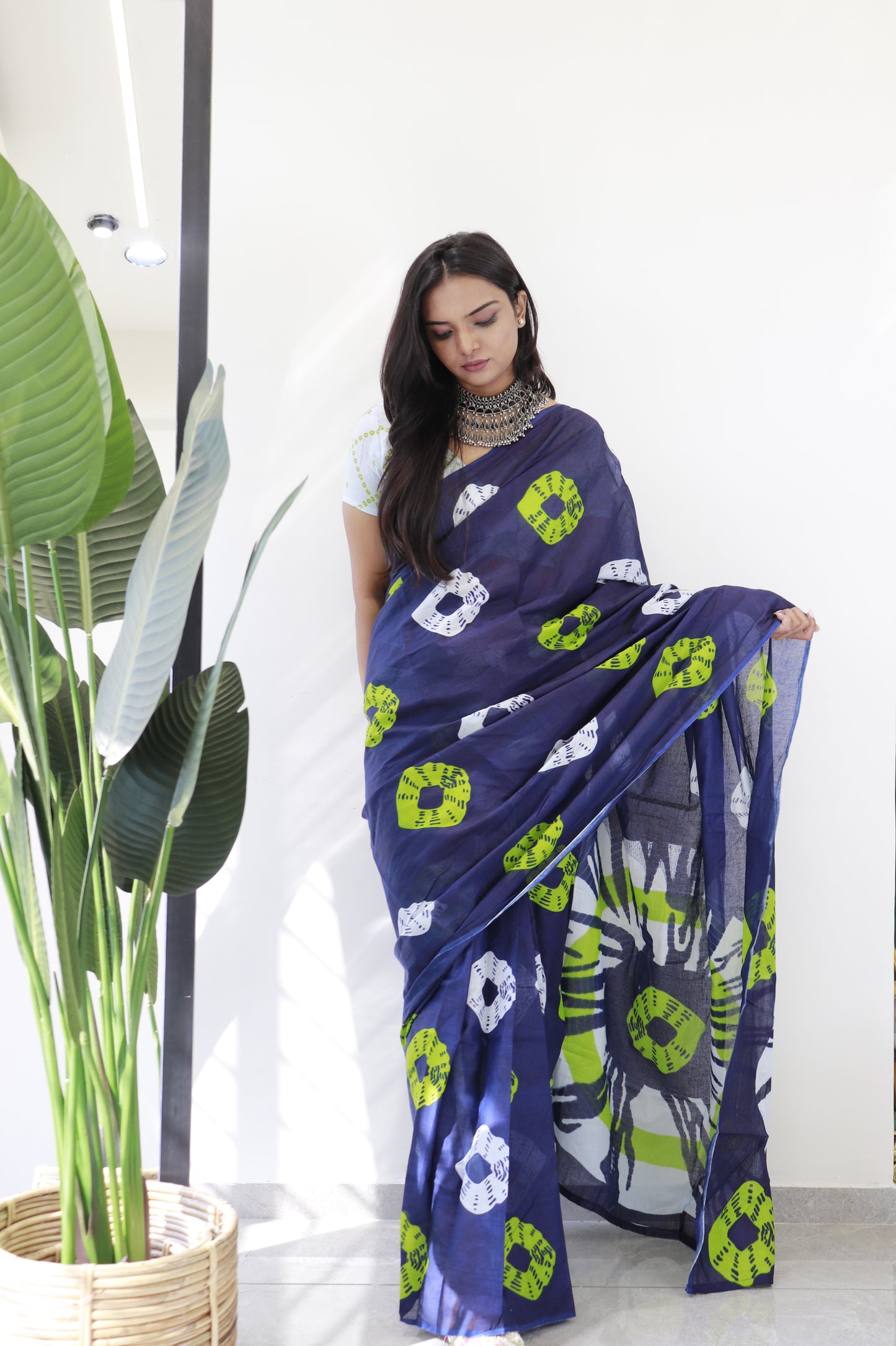 Blue Cotton Printed Saree