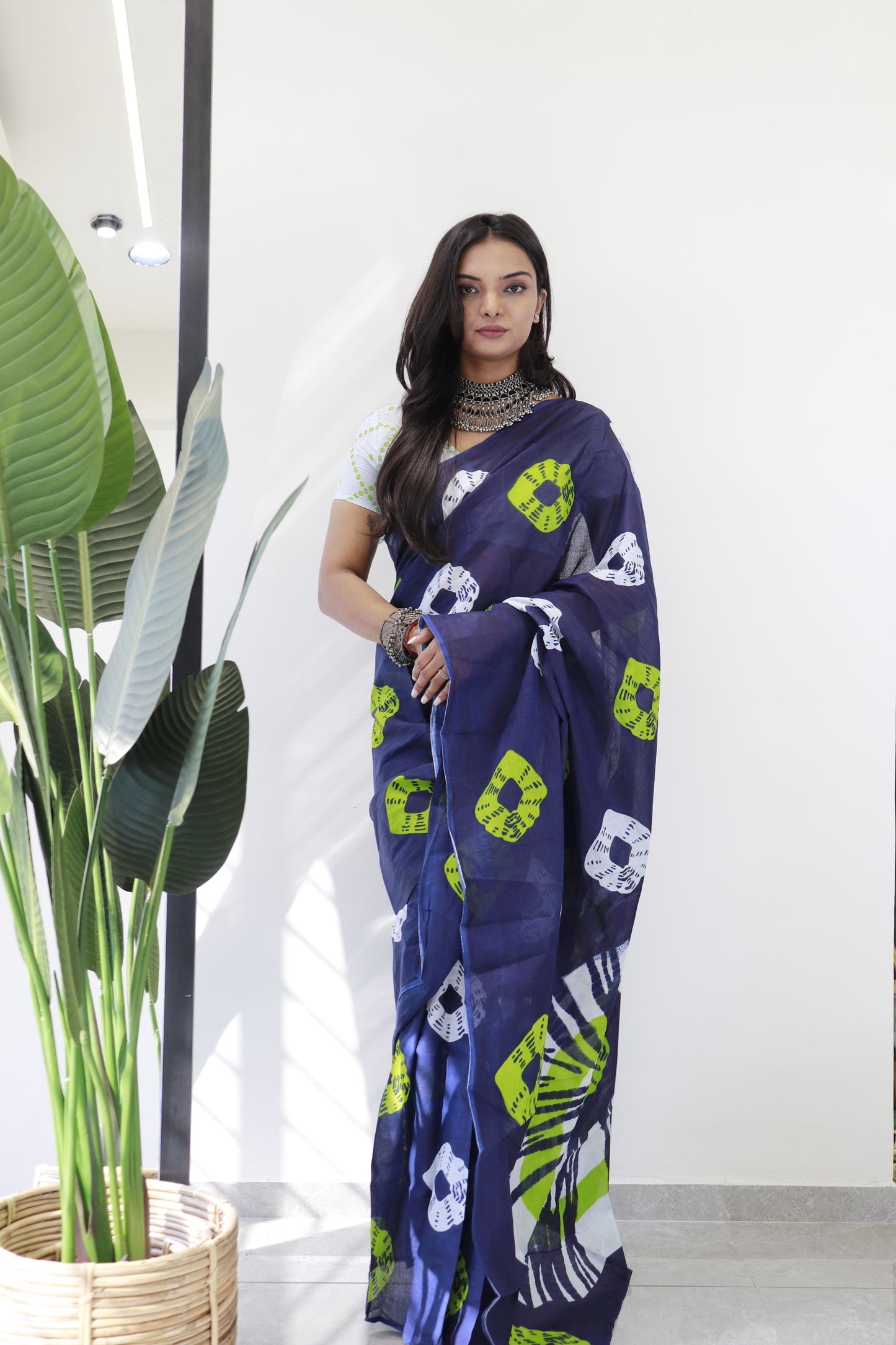 Blue Cotton Printed Saree